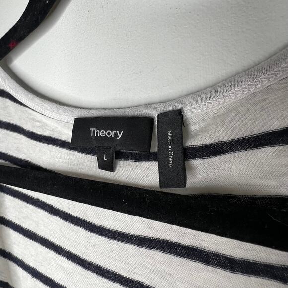 Theory Black & White Stripe Linen Scoop Neck T-Shirt Size Large - Picture 8 of 9